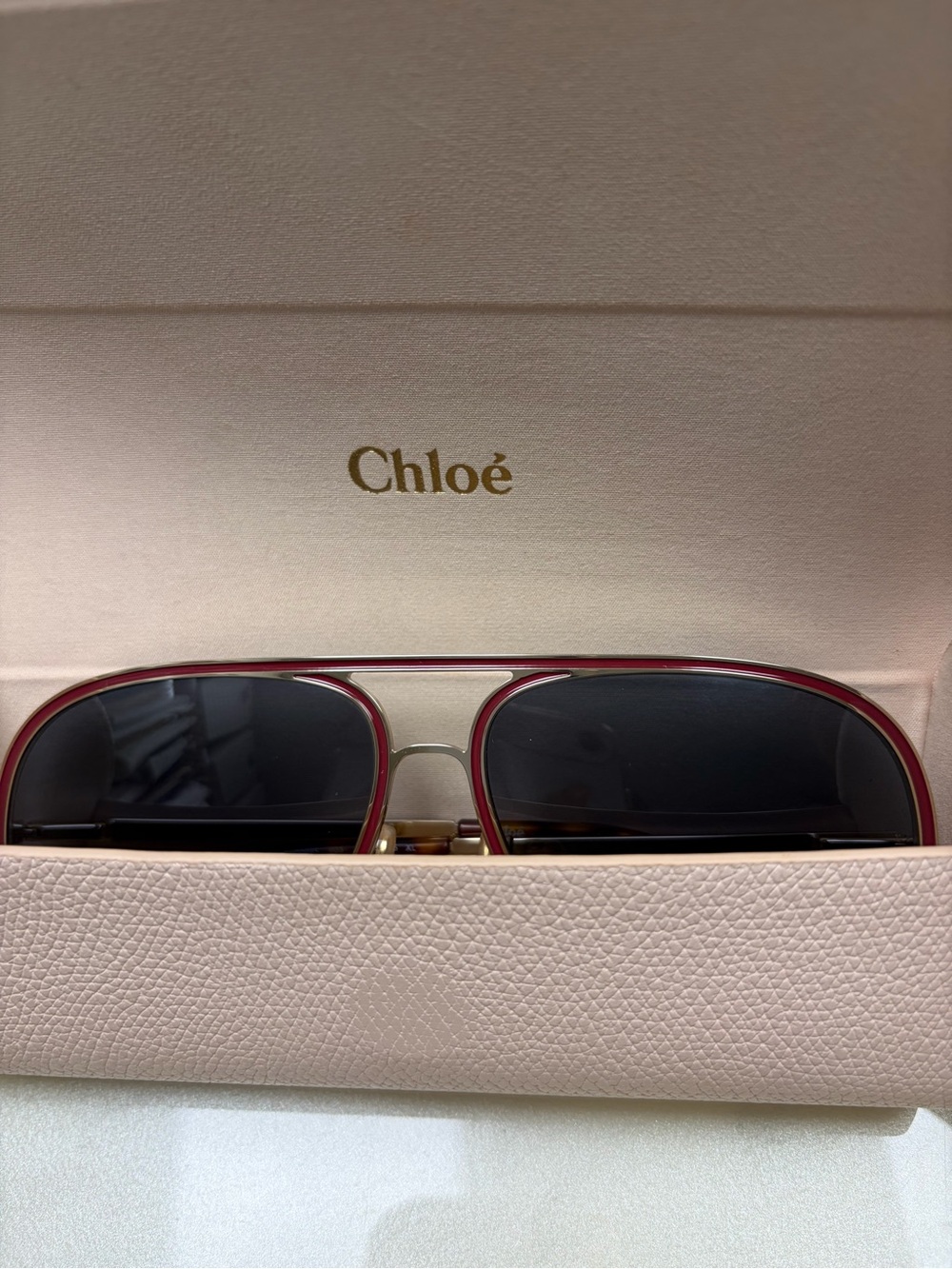 Chloé Red-Trim Aviator Sunglasses with Black Lenses